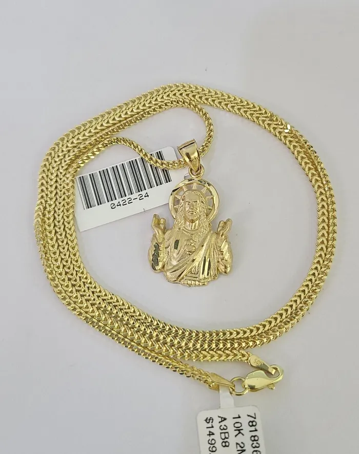 Necklaces Gold and Diamond 10K Franco Chain Jesus Pendant Charm Necklace 1624 2mm Yellow Gold SET