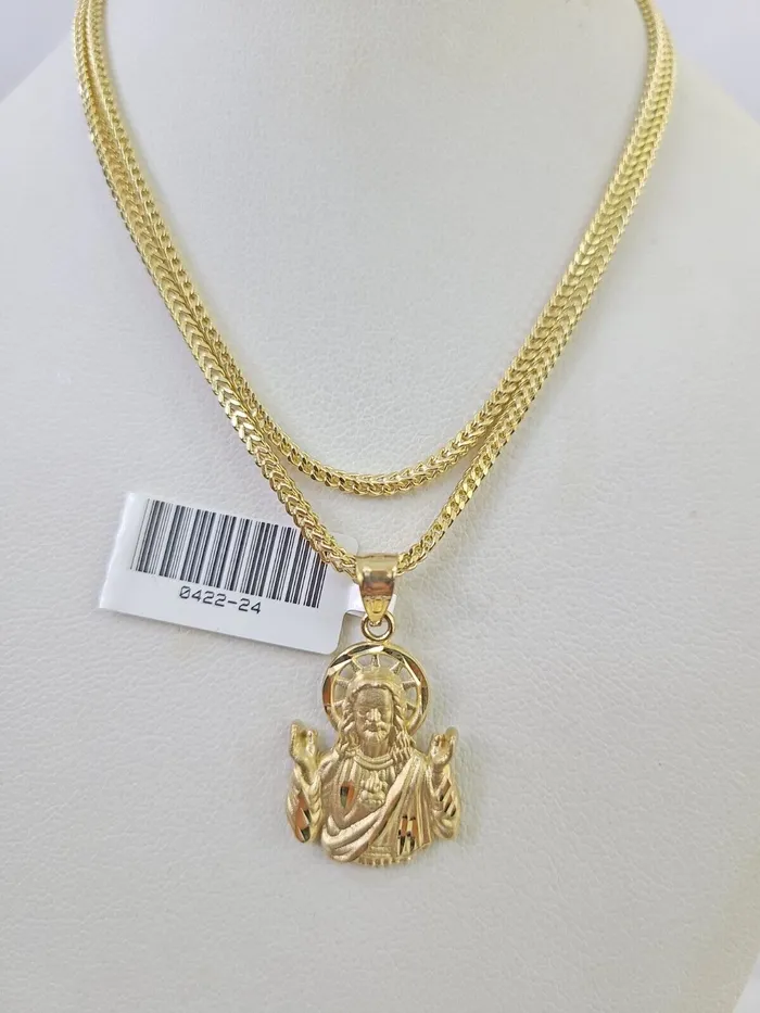 Necklaces Gold and Diamond 10K Franco Chain Jesus Pendant Charm Necklace 1624 2mm Yellow Gold SET