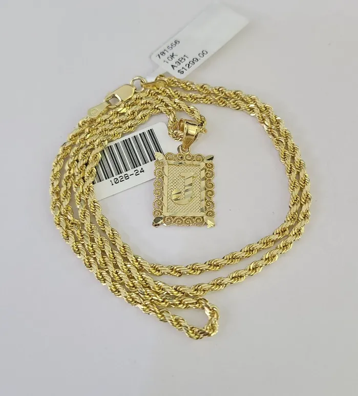 Necklaces Gold and Diamond 10k Gold Initial J Charm Rope Chain 1626 25mm SET Necklace Alphabet Pendant