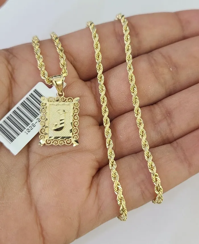 Necklaces Gold and Diamond 10k Gold Initial J Charm Rope Chain 1626 25mm SET Necklace Alphabet Pendant