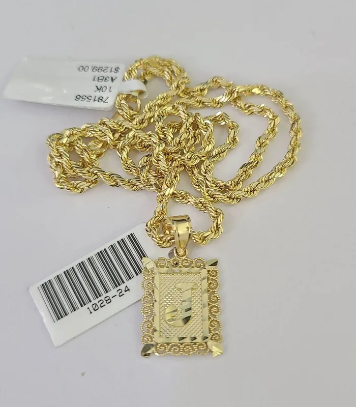 Necklaces Gold and Diamond 10k Gold Initial J Charm Rope Chain 1626 25mm SET Necklace Alphabet Pendant