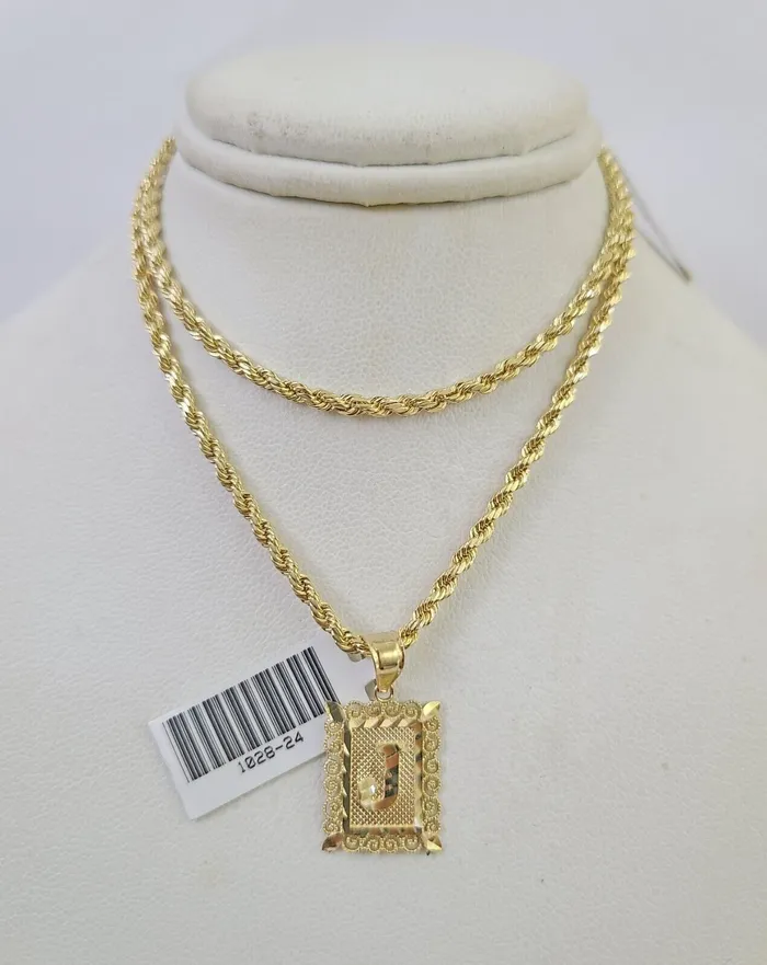 Necklaces Gold and Diamond 10k Gold Initial J Charm Rope Chain 1626 25mm SET Necklace Alphabet Pendant