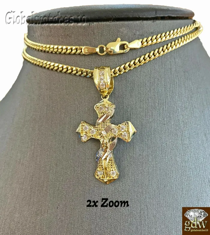 Necklaces Gold and Diamond 10k Gold Men Cross Miami Cuban Chain 20 22 24 26 Inch Real Necklaces Gold and Diamond 10k Gold Men Cross Miami Cuban Chain 20 22 24 26 Inch Real