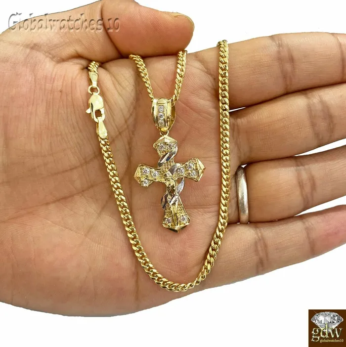 Necklaces Gold and Diamond 10k Gold Men Cross Miami Cuban Chain 20 22 24 26 Inch Real