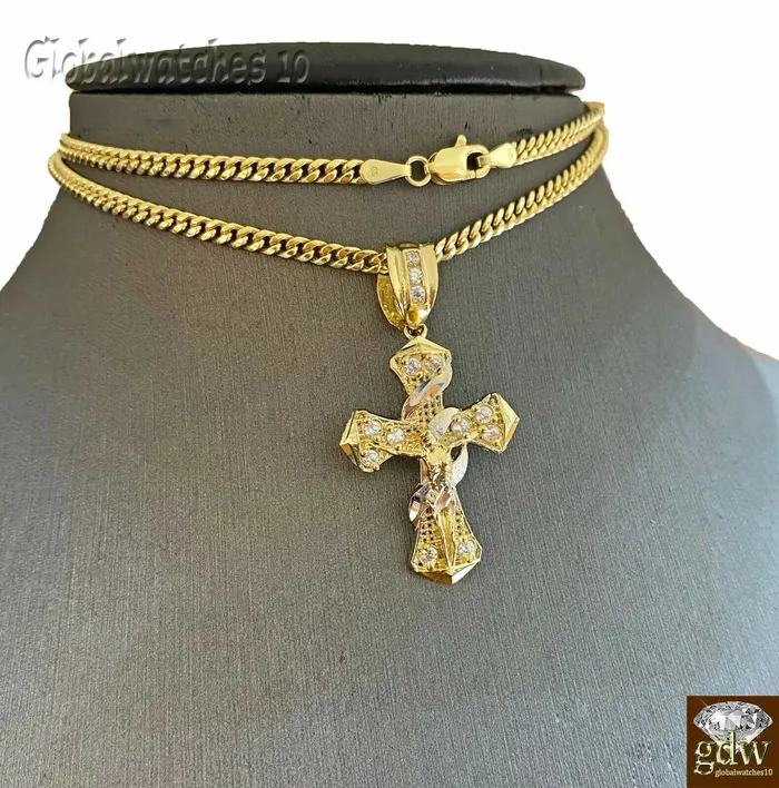 Necklaces Gold and Diamond 10k Gold Men Cross Miami Cuban Chain 20 22 24 26 Inch Real