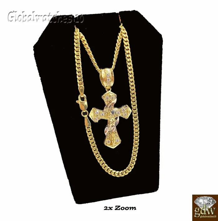 Necklaces Gold and Diamond 10k Gold Men Cross Miami Cuban Chain 20 22 24 26 Inch Real