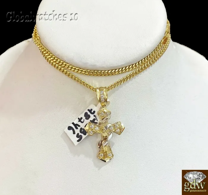 Necklaces Gold and Diamond 10k Gold Men Cross Miami Cuban Chain 20 22 24 26 Inch Real