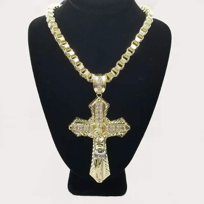 Necklaces Gold and Diamond 10k Gold Mens Byzantine Box Necklace 26 Cross Charm Pendant Jesus Necklaces Gold and Diamond 10k Gold Mens Byzantine Box Necklace 26 Cross Charm Pendant Jesus