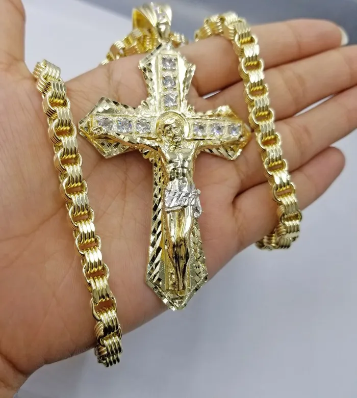 Necklaces Gold and Diamond 10k Gold Mens Byzantine Box Necklace 26 Cross Charm Pendant Jesus