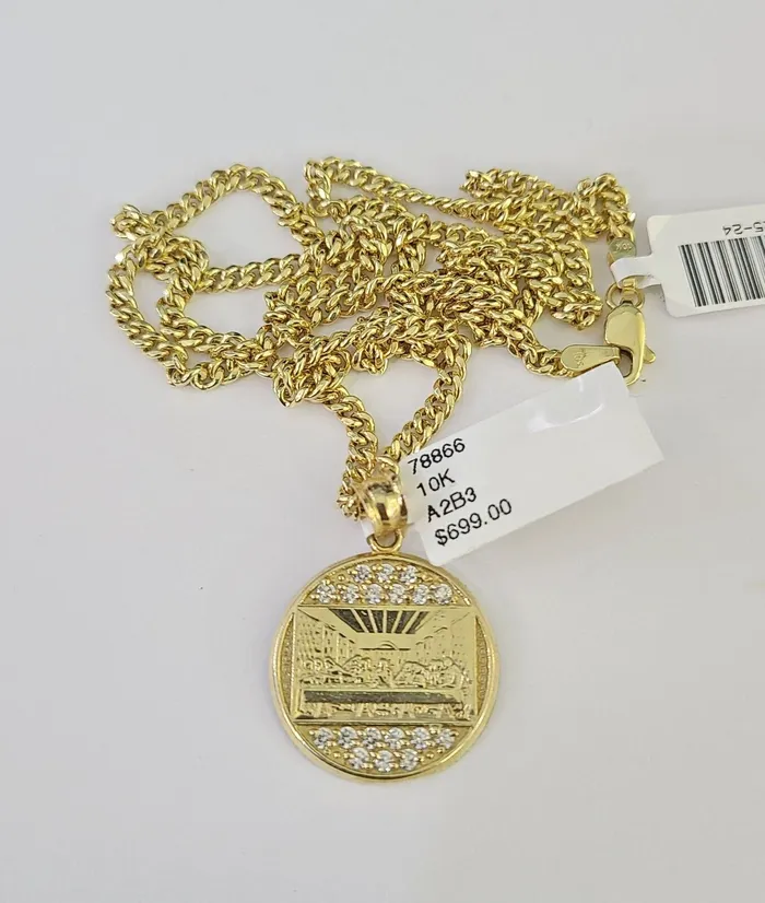 Necklaces Gold and Diamond 10K Gold Miami Cuban Chain Mayan Calendar 1828 3mm Pendant Necklace SET Necklaces Gold and Diamond 10K Gold Miami Cuban Chain Mayan Calendar 1828 3mm Pendant Necklace SET