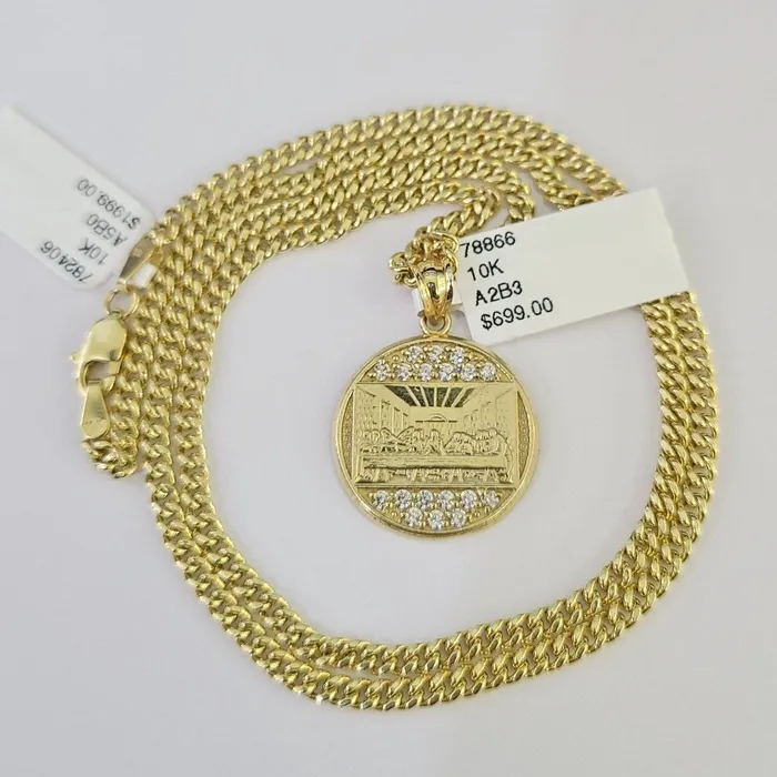 Necklaces Gold and Diamond 10K Gold Miami Cuban Chain Mayan Calendar 1828 3mm Pendant Necklace SET