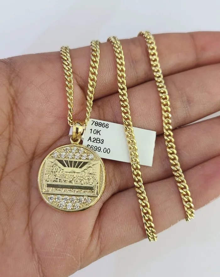 Necklaces Gold and Diamond 10K Gold Miami Cuban Chain Mayan Calendar 1828 3mm Pendant Necklace SET