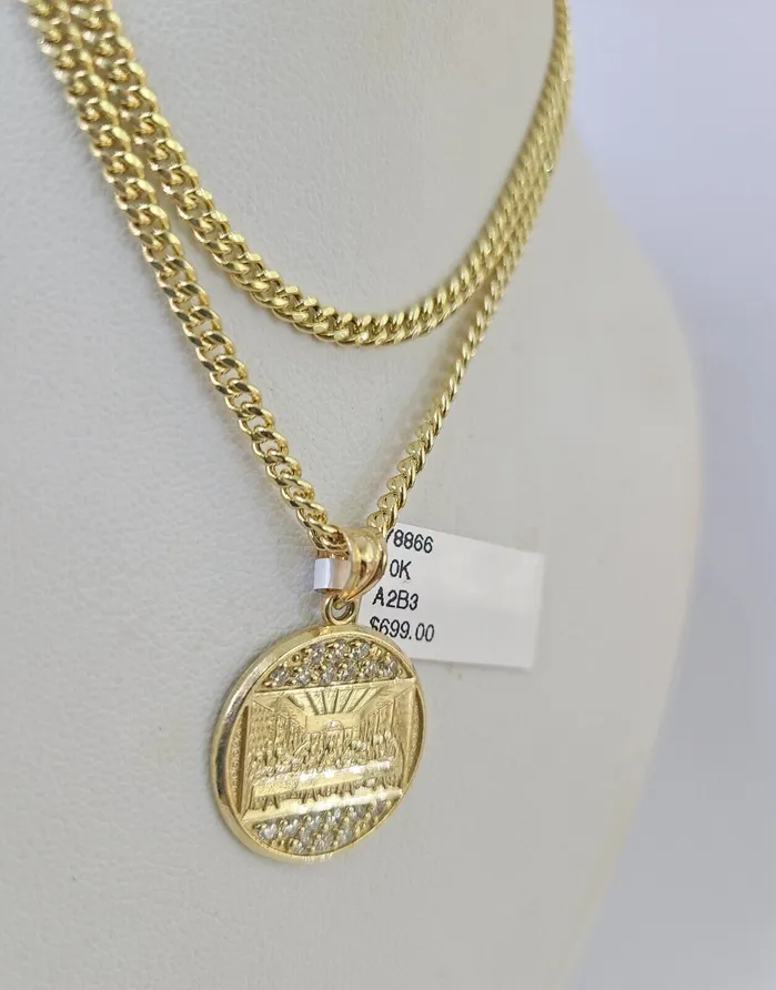 Necklaces Gold and Diamond 10K Gold Miami Cuban Chain Mayan Calendar 1828 3mm Pendant Necklace SET