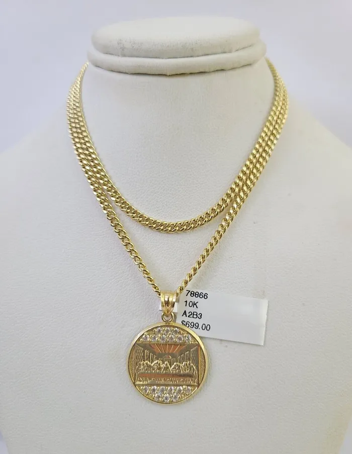 Necklaces Gold and Diamond 10K Gold Miami Cuban Chain Mayan Calendar 1828 3mm Pendant Necklace SET