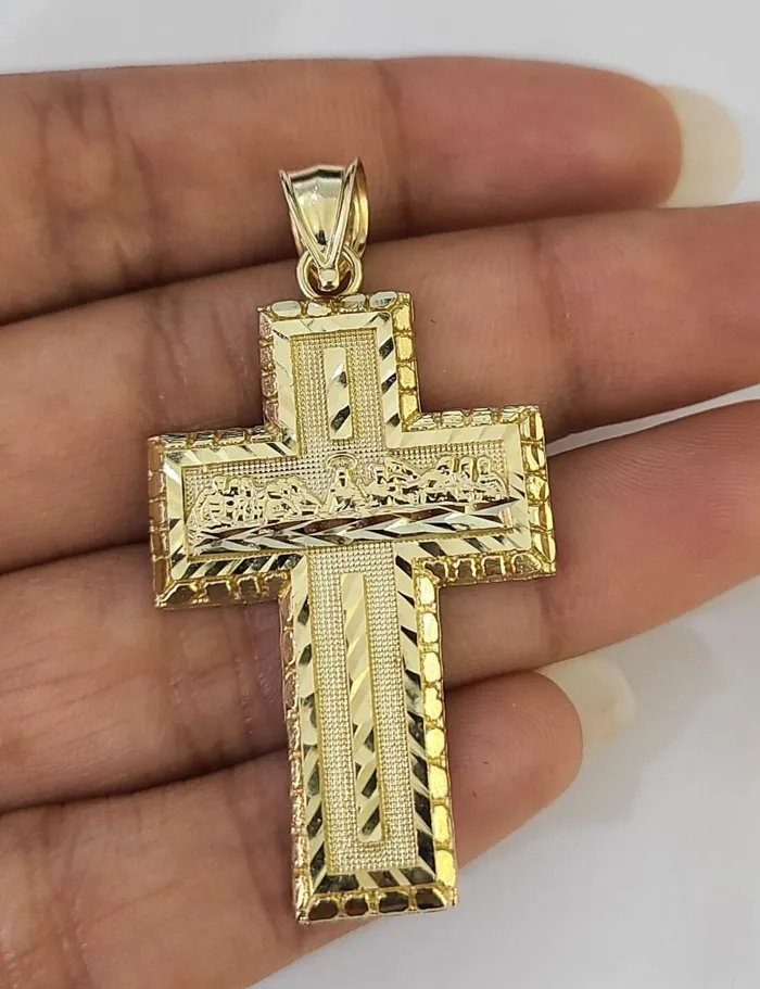 Necklaces Gold and Diamond 10k Real Last Supper Cross Charm Pendant Yellow Gold Men Women Diamond cuts 2