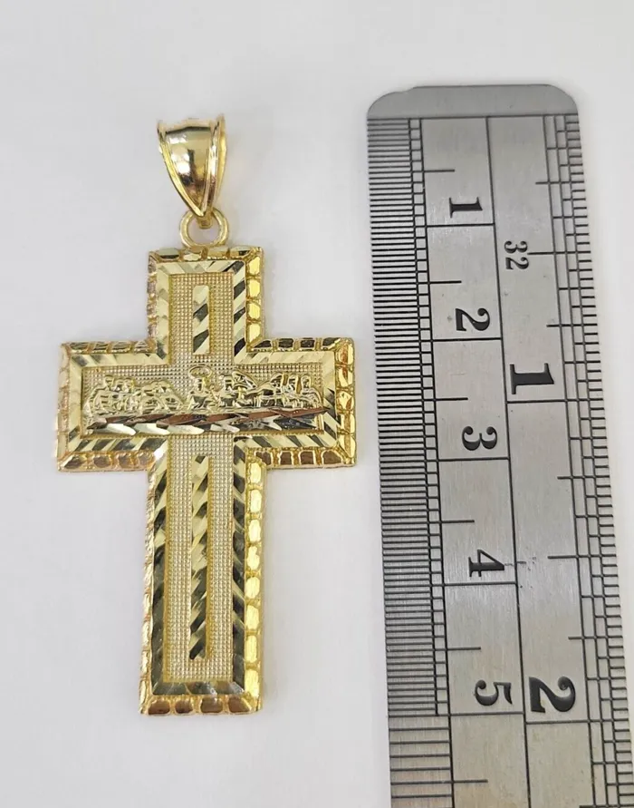 Necklaces Gold and Diamond 10k Real Last Supper Cross Charm Pendant Yellow Gold Men Women Diamond cuts 2
