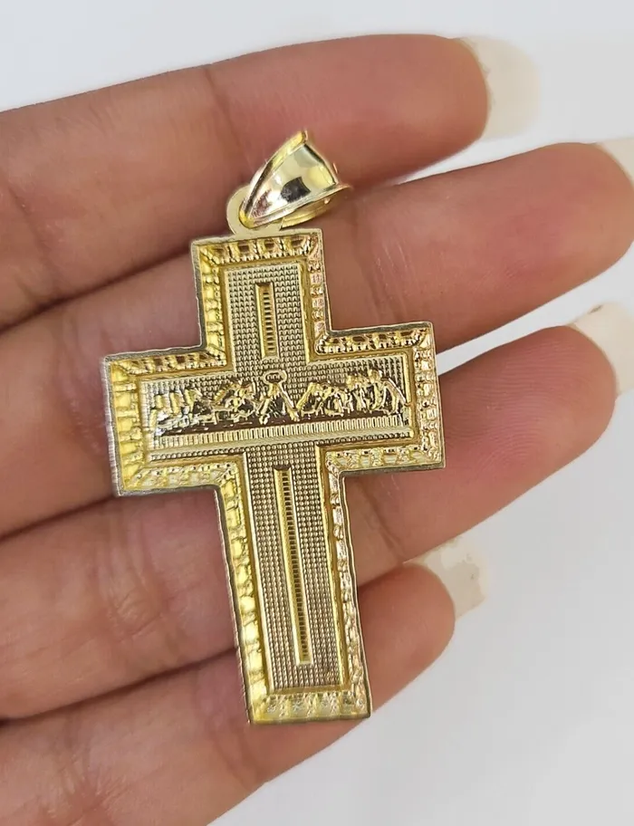 Necklaces Gold and Diamond 10k Real Last Supper Cross Charm Pendant Yellow Gold Men Women Diamond cuts 2