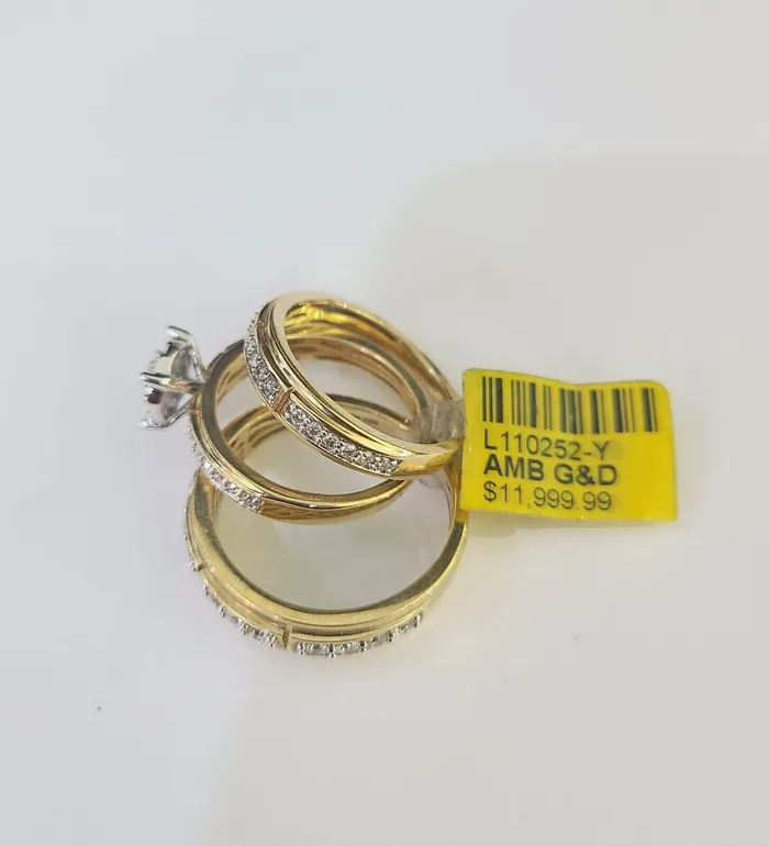 REAL 10k Diamond Ring Yellow Gold Ladies Men Trio SET Wedding Engagement Genuine Globalwatches10 Rings