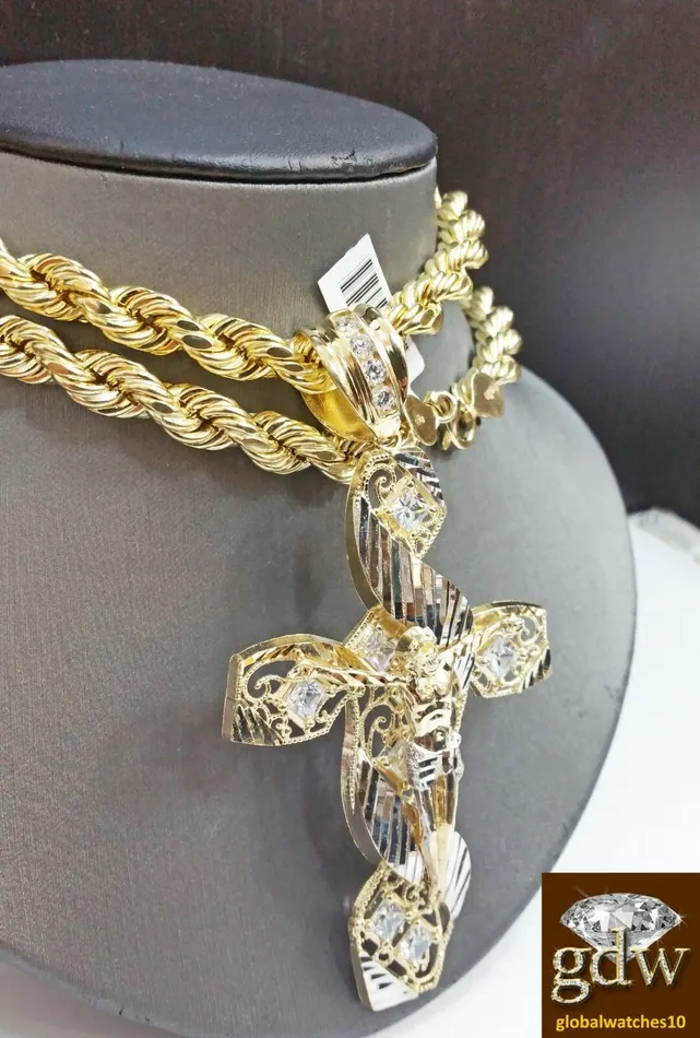 Real 10k Yellow Gold Mens Jesus Cross CharmPendant with 26 Inches Rope Chain Gold and Diamond Necklaces Real 10k Yellow Gold Mens Jesus Cross CharmPendant with 26 Inches Rope Chain Gold and Diamond Necklaces