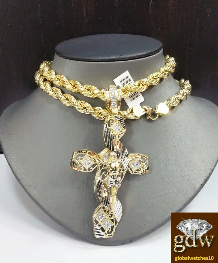 Real 10k Yellow Gold Mens Jesus Cross CharmPendant with 26 Inches Rope Chain Gold and Diamond Necklaces