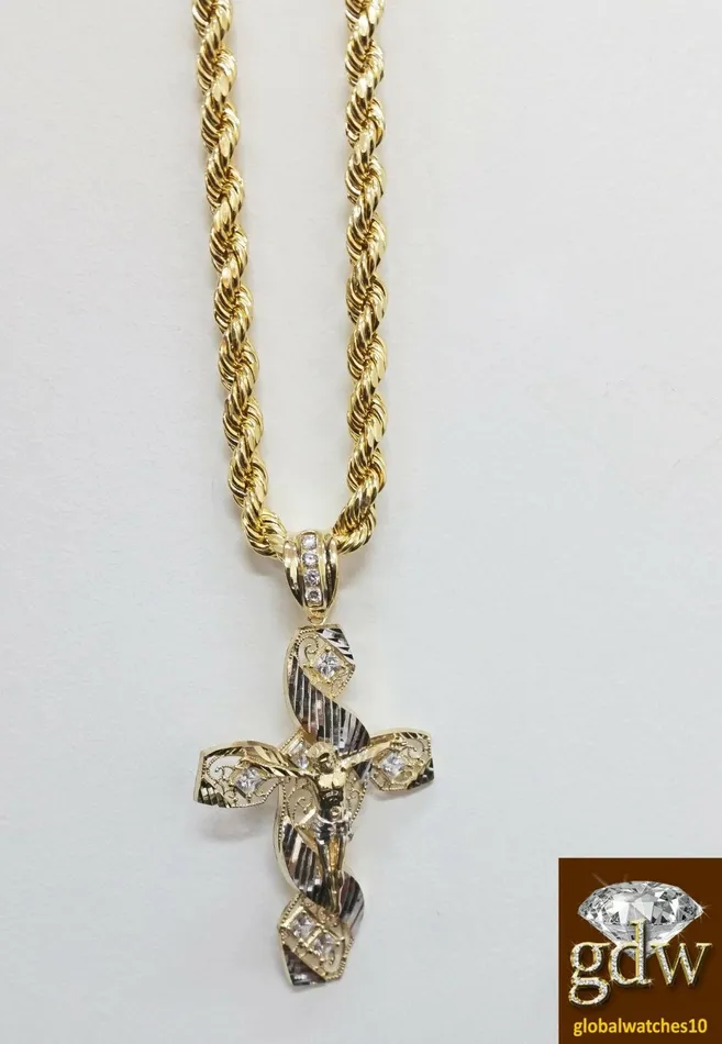 Real 10k Yellow Gold Mens Jesus Cross CharmPendant with 26 Inches Rope Chain Gold and Diamond Necklaces