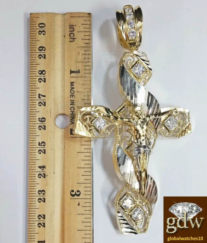 Real 10k Yellow Gold Mens Jesus Cross CharmPendant with 26 Inches Rope Chain Gold and Diamond Necklaces