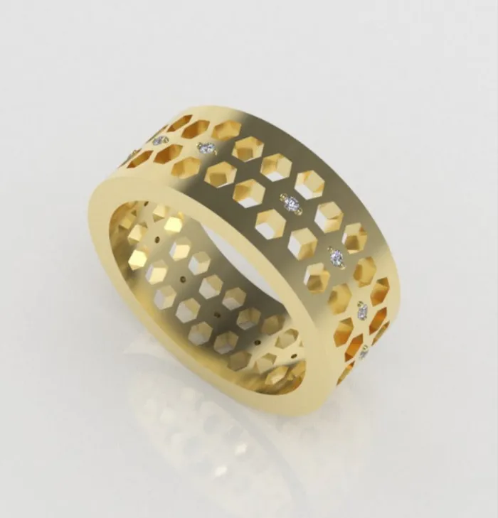 Rings 14k yellow gold band Ring with 14 Diamonds be hive style stt 2 prongs JCM DESIGN JEWELRY Rings 14k yellow gold band Ring with 14 Diamonds be hive style stt 2 prongs JCM DESIGN JEWELRY