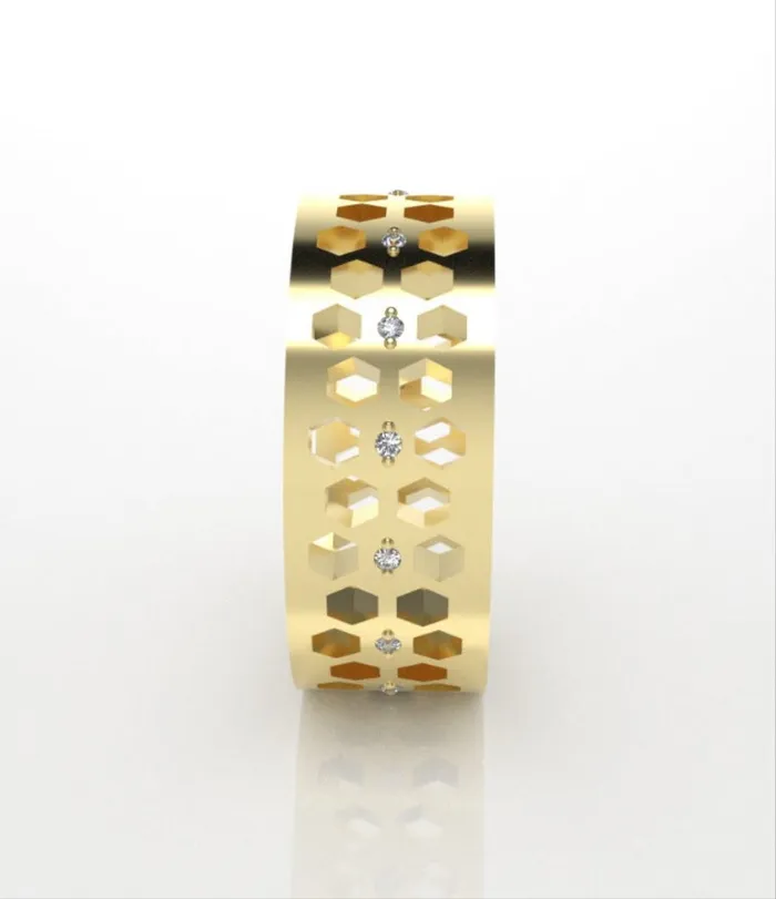Rings 14k yellow gold band Ring with 14 Diamonds be hive style stt 2 prongs JCM DESIGN JEWELRY