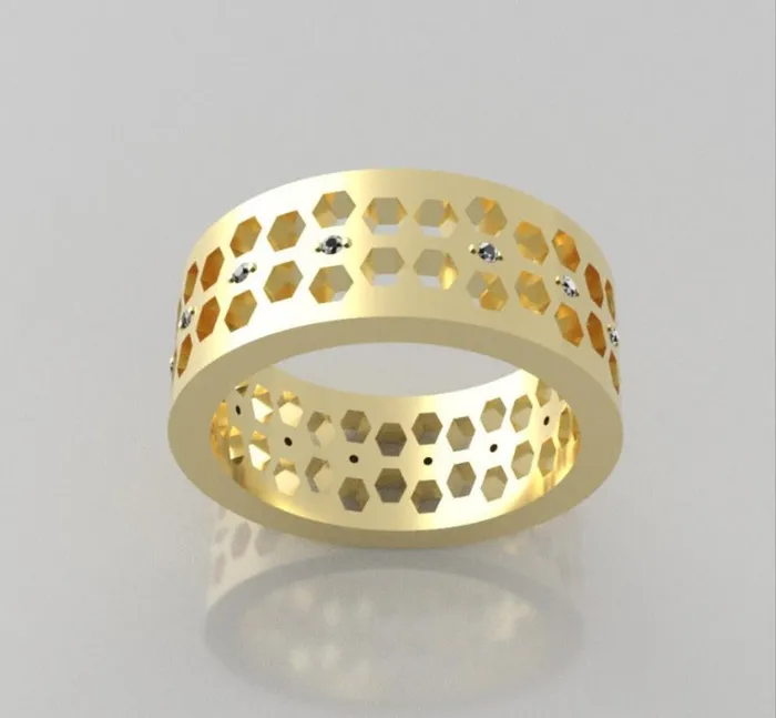 Rings 14k yellow gold band Ring with 14 Diamonds be hive style stt 2 prongs JCM DESIGN JEWELRY
