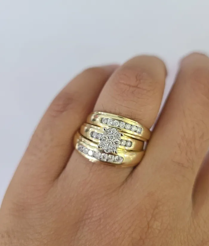 Rings Globalwatches10 REAL 10k Diamond Ring Ladies Men Trio SET Wedding Engagement Genuine Yellow Gold