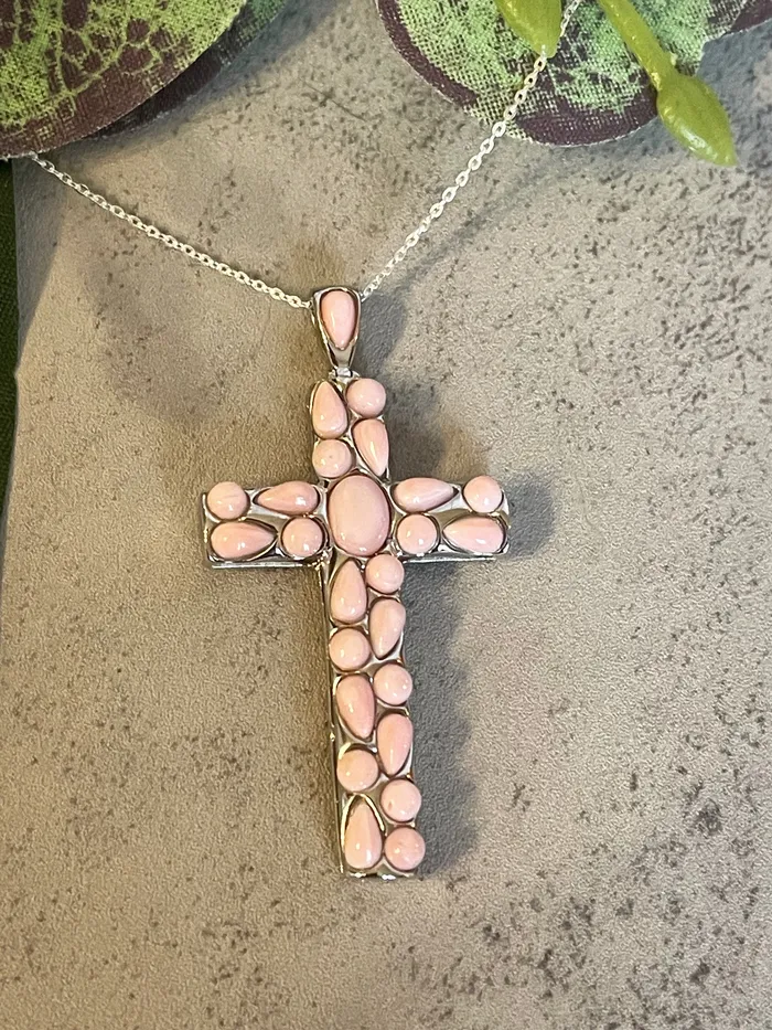SophiaRene Boutique Sterling Silver Pink Conch Custom Cross Pendant Necklaces SophiaRene Boutique Sterling Silver Pink Conch Custom Cross Pendant Necklaces