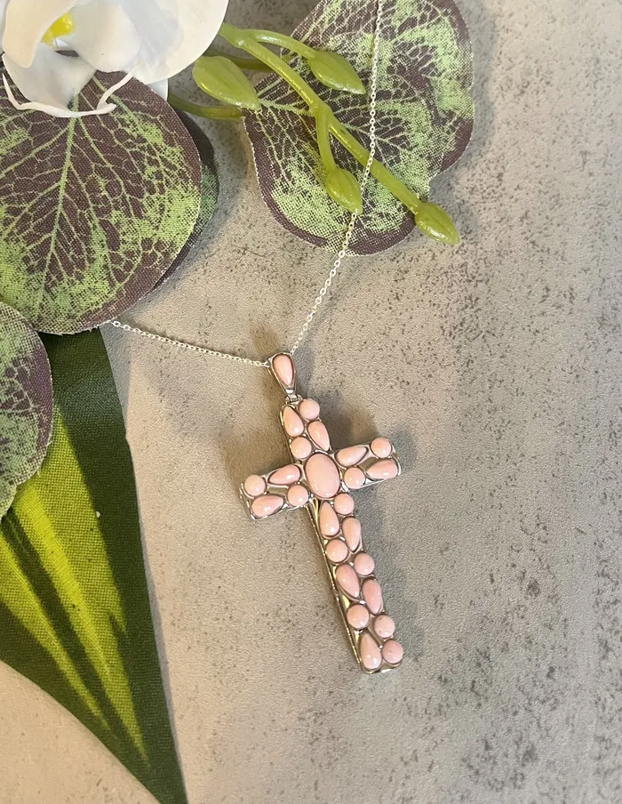 SophiaRene Boutique Sterling Silver Pink Conch Custom Cross Pendant Necklaces SophiaRene Boutique Sterling Silver Pink Conch Custom Cross Pendant Necklaces