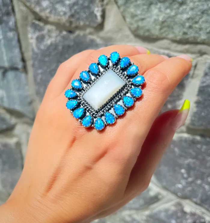 Sophiareneboutiquecom Rings Sterling Silver Blue Opal Grey Moonstone Cluster Ring