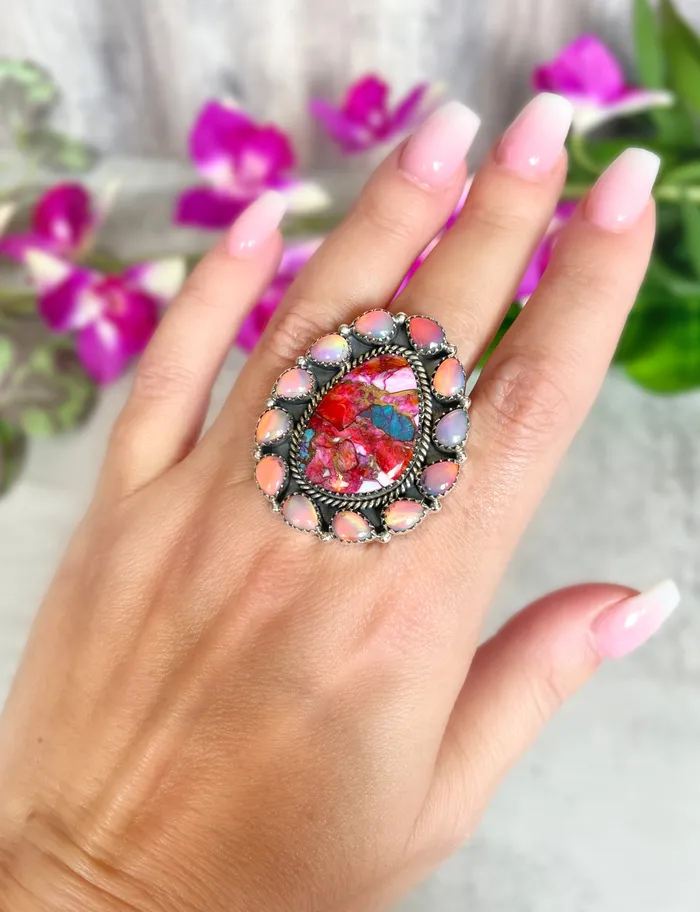 Sterling Silver Pink Dahlia Aurora Opal Custom Cluster Ring SophiaRene Boutique Rings Sterling Silver Pink Dahlia Aurora Opal Custom Cluster Ring SophiaRene Boutique Rings