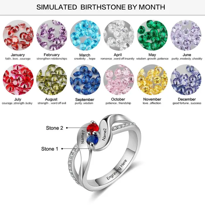 Ashley Jewels Rings Personalized Sterling Silver Ring Engrave One Special Phrase Two Custom Names Two Custom Birthstones Womens Fashion Jewelry