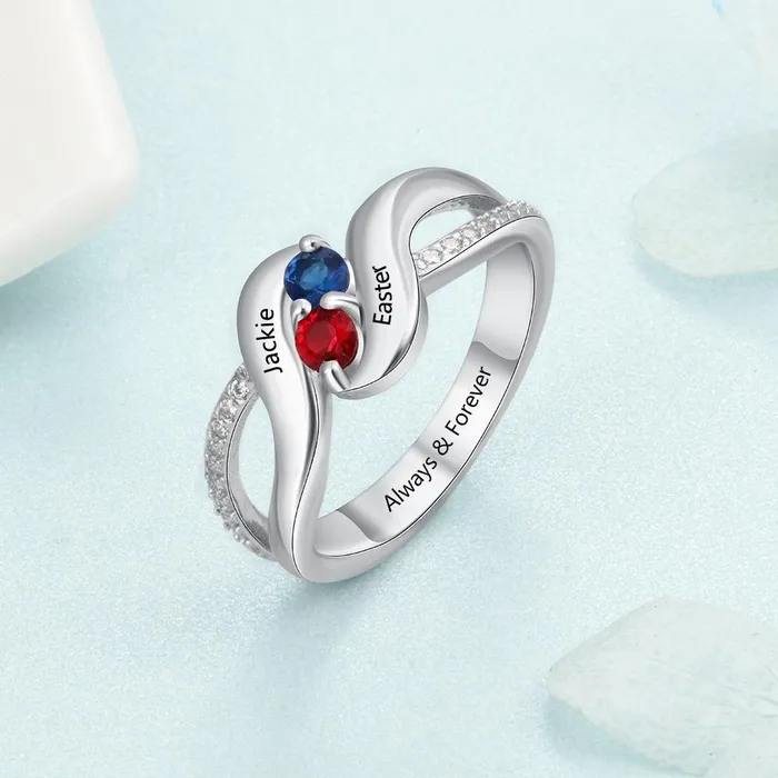 Ashley Jewels Rings Personalized Sterling Silver Ring Engrave One Special Phrase Two Custom Names Two Custom Birthstones Womens Fashion Jewelry