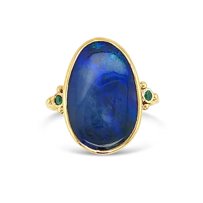 Deep Blue Australian Opal and Emerald ring in 14k gold Emily Amey Jewelry Rings Deep Blue Australian Opal and Emerald ring in 14k gold Emily Amey Jewelry Rings