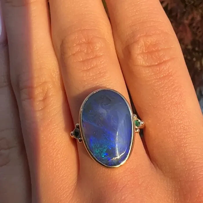 Deep Blue Australian Opal and Emerald ring in 14k gold Emily Amey Jewelry Rings