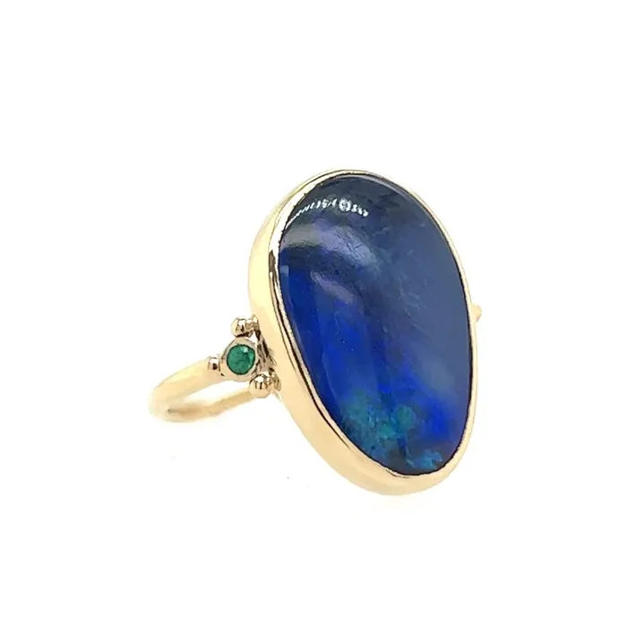 Deep Blue Australian Opal and Emerald ring in 14k gold Emily Amey Jewelry Rings