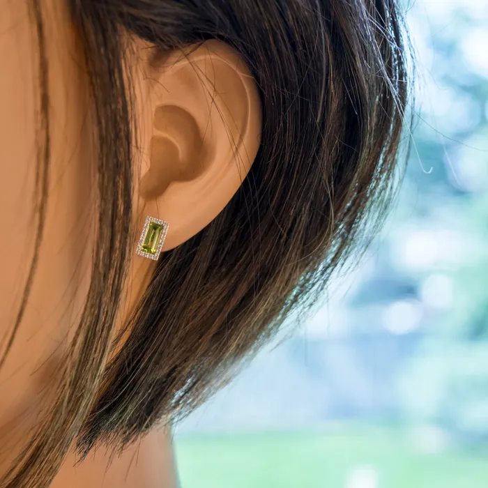 Elisa Ilana Earrings 14KWG Peridot Diamond Rectangle Stud Earrings