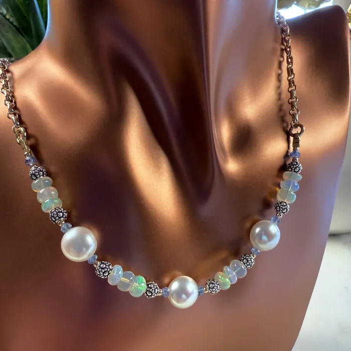 Elisa Ilana Necklaces Freshwater Coin Pearl Ethiopian Opal Necklace