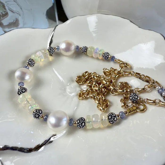 Elisa Ilana Necklaces Freshwater Coin Pearl Ethiopian Opal Necklace