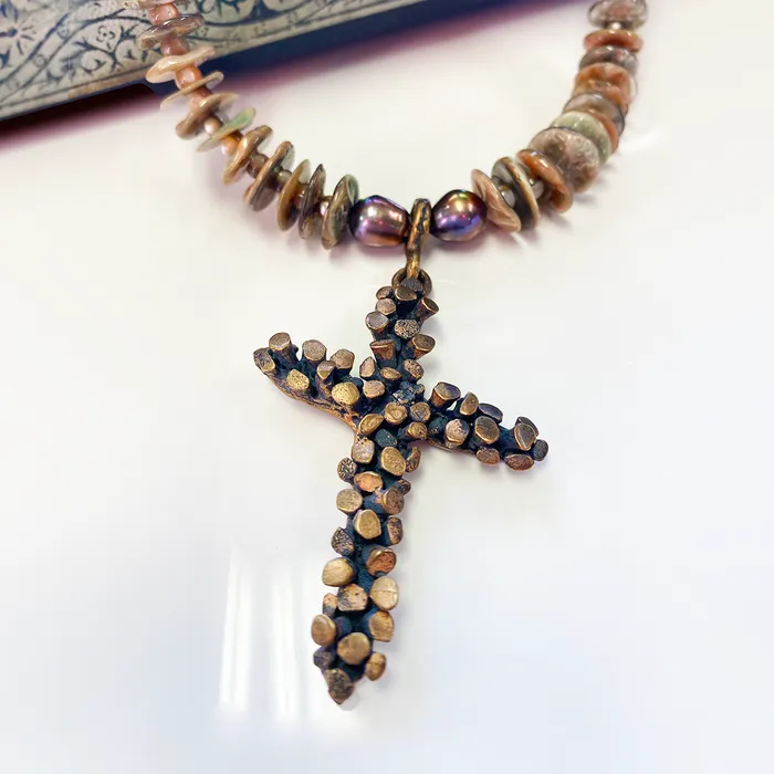 Elisa Ilana Necklaces Mother of Pearl Necklace with Bronze Nailhead Cross Pendant