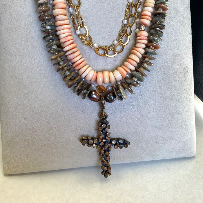 Elisa Ilana Necklaces Mother of Pearl Necklace with Bronze Nailhead Cross Pendant Elisa Ilana Necklaces Mother of Pearl Necklace with Bronze Nailhead Cross Pendant
