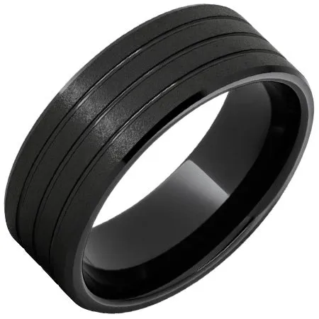 Elisa Ilana Rings Black Diamond Ceramic Beveled Edge Band with Three 5mm Grooves and Stone Finish