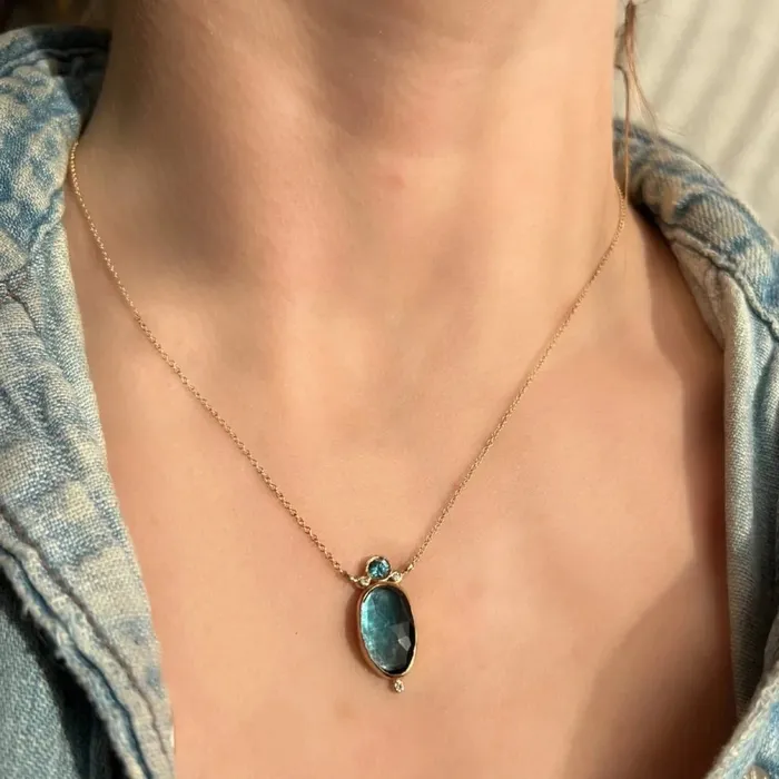 Emily Amey Jewelry 14k London Blue Topaz necklace with Blue zircon and Diamonds Necklaces