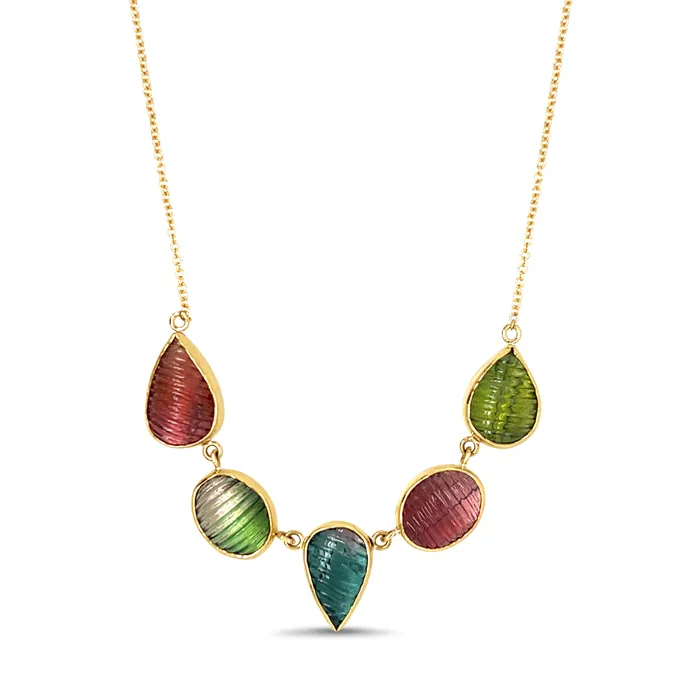 Emily Amey Jewelry Handcarved Tourmaline Leaf collar necklace in 14k gold Necklaces Emily Amey Jewelry Handcarved Tourmaline Leaf collar necklace in 14k gold Necklaces