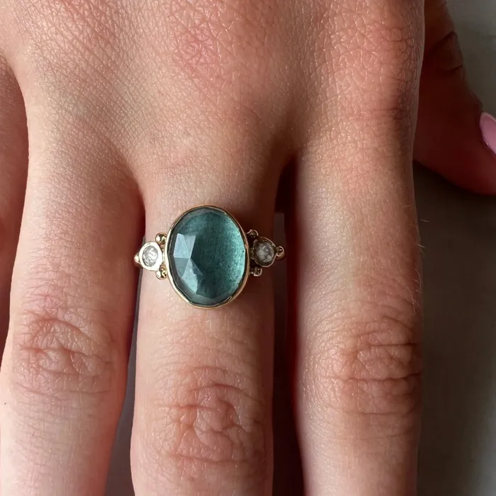 Emily Amey Jewelry Rings Moss Aquamarine Ring With Rosecut Diamonds in 14k gold