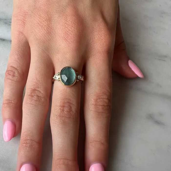Emily Amey Jewelry Rings Moss Aquamarine Ring With Rosecut Diamonds in 14k gold