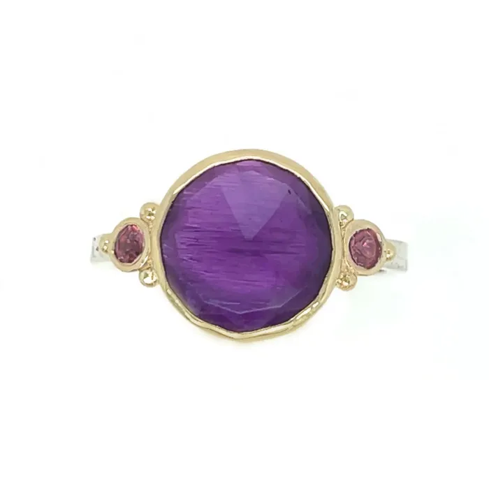 Emily Amey Jewelry Rings Round Amethyst Ring with Side Rhodolites in 14k gold and sterling silver Emily Amey Jewelry Rings Round Amethyst Ring with Side Rhodolites in 14k gold and sterling silver